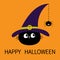 Hanging smiling sad black pumpkin, spider, white ghost spirit insect silhouette. Happy Halloween greeting card. Dash line thread.