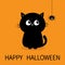Hanging smiling sad black pumpkin, spider, white ghost spirit insect silhouette. Happy Halloween greeting card. Dash line thread.