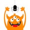 Hanging spider. Monster head orange silhouette. Three eyes, teeth fang, horns, hands up. Cute kawaii cartoon funny baby character