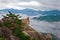 Hanging stone at the Ulsanbawi Rock against the fog seorak mount