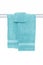 Hanging towels isolated. Closeup of turquoise soft terry bath towels hang on a clothes rail isolated on a white backgroun