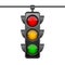 Hanging traffic lights with all three colors on.