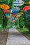 Hanging umbrellas in Danube garden in Bulgarian town Silistra.