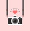 Hanging vintage camera with  heart pink background