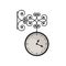 Hanging vintage clock with black metal frame and white dial. Street decor element. Mechanical device for measuring time