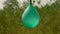 Hanging water balloon explosion presented at green natural blur background, amazing closeup shot.