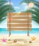 Hanging wood board with sea sand beach background