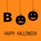 Hanging word BOO text with smiling sad black pumpkin silhouette. Dash line thread. Happy Halloween. Greeting card. Flat design.