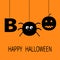 Hanging word BOO text with smiling sad black pumpkin, spider insect silhouette. Dash line thread. Happy Halloween. Greeting card.