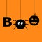 Hanging word BOO text with smiling sad black pumpkin, spider insect silhouette. Happy Halloween greeting card. Dash line thread.