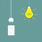 Hanging yellow light bulb, rosette, cord plug. Idea concept. Flat design