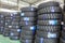 Hangzhou, North train station freight warehouse goods piled up many car tires,in China