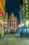 HANNOVER, GERMANY, APRIL 28, 2018: Night view of a street leading towards marktkirche in the center of Hannover, Germany