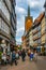 HANNOVER, GERMANY, APRIL 28, 2018: People are walking towards marktkirche in the center of Hannover, Germany