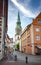 HANNOVER, GERMANY. JUNE 19, 2021. Beautiful view to a tower with a clock from Ballhofplatz