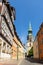 Hannover old city center street with protestant gothic style Church Holy Cross and ancient fachwerk building house