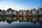 Hanoi cityscape at sunset. Resident buildings by Tien Bien lake, Gia Lam district