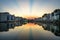 Hanoi cityscape at sunset. Resident buildings by Tien Bien lake, Gia Lam district