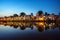 Hanoi cityscape at sunset. Resident buildings by Tien Bien lake, Gia Lam district