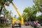 Hanoi, Vietnam - Apr 24, 2016: Mechanical platform to make tree pruning on Dinh Tien Hoang street, center of Hanoi capital