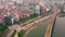 HANOI, VIETNAM - APRIL, 2020: Aerial panorama view of the railroad overpass and promenade of lake in Hanoi.