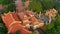 HANOI, VIETNAM - APRIL, 2020: Aerial view of the roof of the pagoda - holy temple and courtyard in the city of Hanoi.