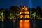 Hanoi, Vietnam. Illuminated Turtle Tower at Hoan Kiem Lake