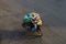 Hanoi, Vietnam - July 23, 2016: Aerial view of Vietnamese woman transporting fruit by motorcycle on Yen Phu street in early mornin