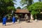 Hanoi, Vietnam - July 24, 2016: Dai Thanh gate to fifth courtyard in Temple of Literature with people wearing old traditional long