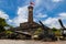 Hanoi, Vietnam - May 28, 2023: Vietnam Military History Museum and the Hanoi flag tower. 33 meters high tower features three tiers