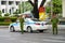 Hanoi, Vietnam - Sep 2, 2016: Vietamese police sedan with red/blue lights in an event on Dinh Tien Hoang street