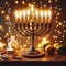 Hanukkah abstract defocused background - menorah with bright dust on wooden