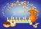Hanukkah background with candles, donuts, oil pitc