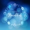 Hanukkah blue background with wreath of light, Jewish stars and dreidels. Festive party decoration. Modern blurred