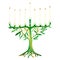 Hanukkah candlestick in the form of intertwining branches of an olive tree with buds. Nine burning festive white candles