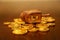 Hanukkah dreidel gold gelt coins on a table