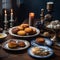 Hanukkah Feast on Rustic Wood Table