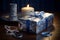 Hanukkah Gift Box in Blue and Silver on White Table