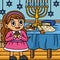 Hanukkah Girl Praying with Menorah Colored Cartoon