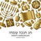 Hanukkah golden template with Torah, menorah and dreidels. Greeting card. Translation Happy Hanukkah