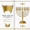 Hanukkah greeting card with Torah, menorah and dreidels. Golden template