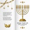 Hanukkah greeting card with Torah, menorah and dreidels. Golden template