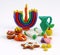Hanukkah handmade plasticine toys. Modeling clay colorful texture. on white background