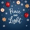 Hanukkah, Jewish Festival of light. greeting card, invitation. Hand lettered Peace and Light tex. Chalk David stars