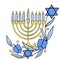 Hanukkah menorah composition illustration with candles, david star and floral elements. Religious holiday card concept