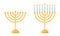 Hanukkah menorah empty and with lit candles. Set of traditional Jewish Hanukah symbol. Isolated golden chanukiah holder with nine