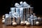 Hanukkah presents wrapped in blue and white paper