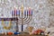 Hanukkah symbols on a Hanukkiah Menorah are symbols of Jewish holiday Hanukkah