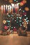 Hanukkah traditional chandelier & x28;menorah& x29; burning candles on the background of a Christmas tree with colorful lights
