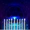 Hanukkah traditional jewish holiday. Happy Hanukkah dark blue background with Star of David, nine burning candles.